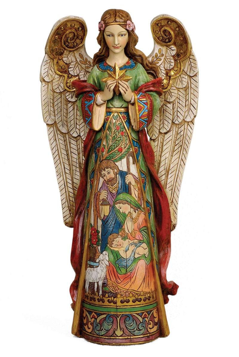 Joseph's Studio by Roman â€“ 15.75" Angel Figurine Holding Star with Holy Family in Gown â€“ Religious Christmas Nativity Decoration